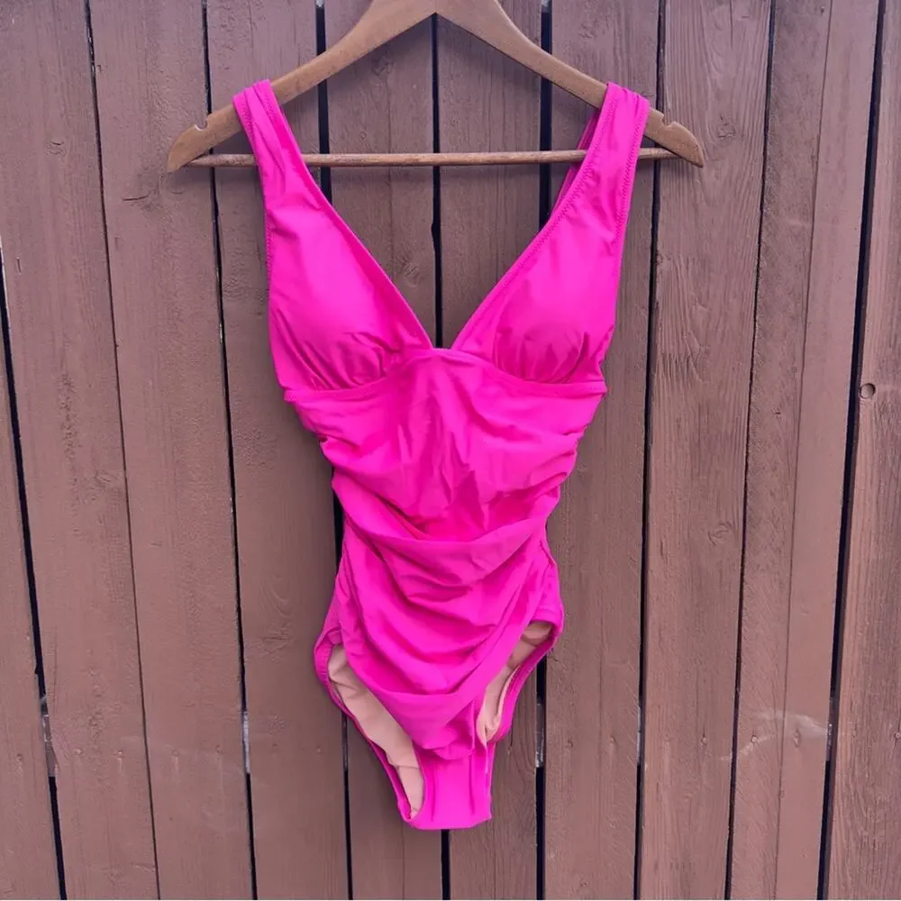 J. Crew | NWT Size 4 Ruched V Neck One Piece Fuchsia Bathing Suit Style BC116